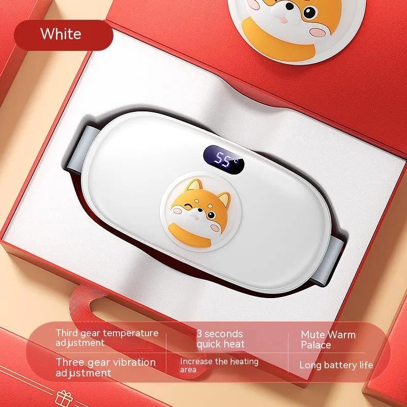 Rechargeable stomach heating pad with cute cat beige flannel cover showing 2000mAh battery and 45-65°C adjustable temperature