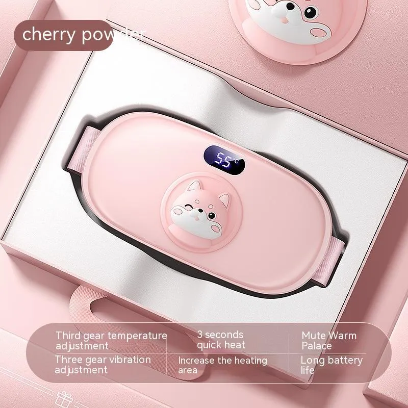 Rechargeable stomach heating pad with cute cat beige flannel cover showing 2000mAh battery and 45-65°C adjustable temperature