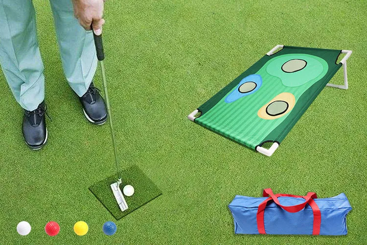 Green 90x60cm golf swing practice net with PVC frame and oxford cloth cover on grass, with straw mat and balls