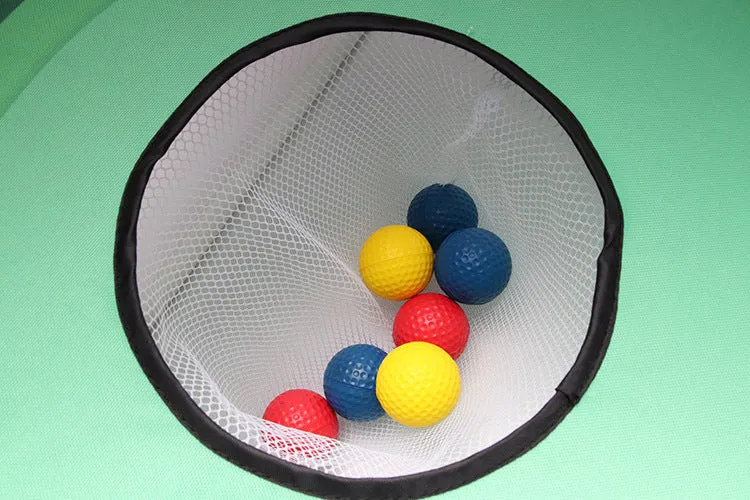 Green 90x60cm golf swing practice net with PVC frame and oxford cloth cover on grass, with straw mat and balls