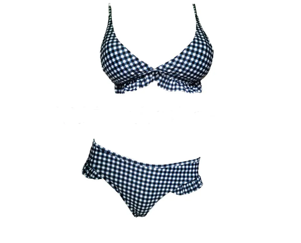 Red and green plaid bikini two-piece swimwear for women with chest pad, size S M L XL