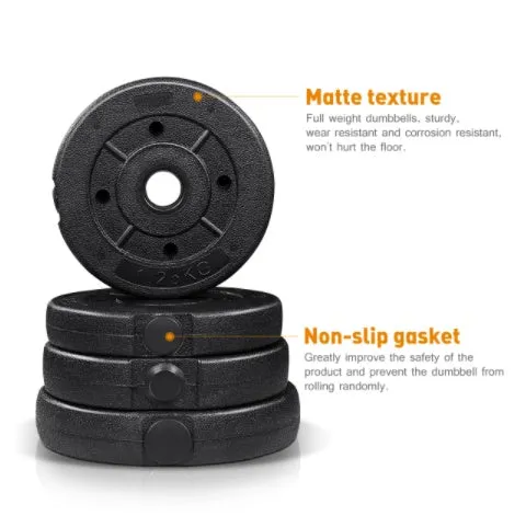 Pair of black rubber coated round head dumbbells 10kg each on a gym floor with indoor fitness equipment