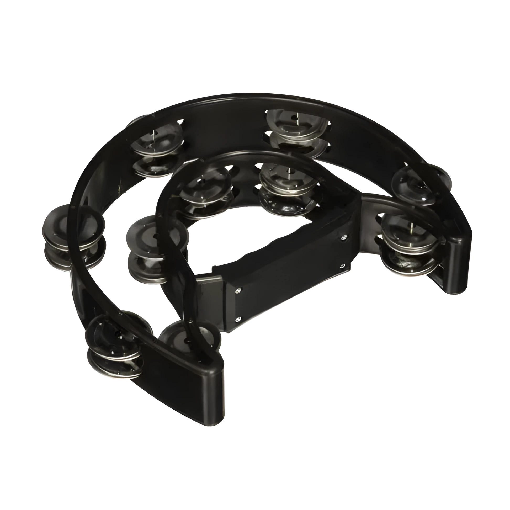 Double moon shaped black plastic tambourine with handle, 25 x 20 cm, on a light background