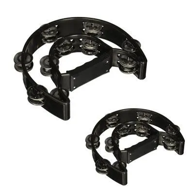 Double moon shaped black plastic tambourine with handle, 25 x 20 cm, on a light background