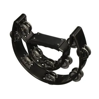 Double moon shaped black plastic tambourine with handle, 25 x 20 cm, on a light background