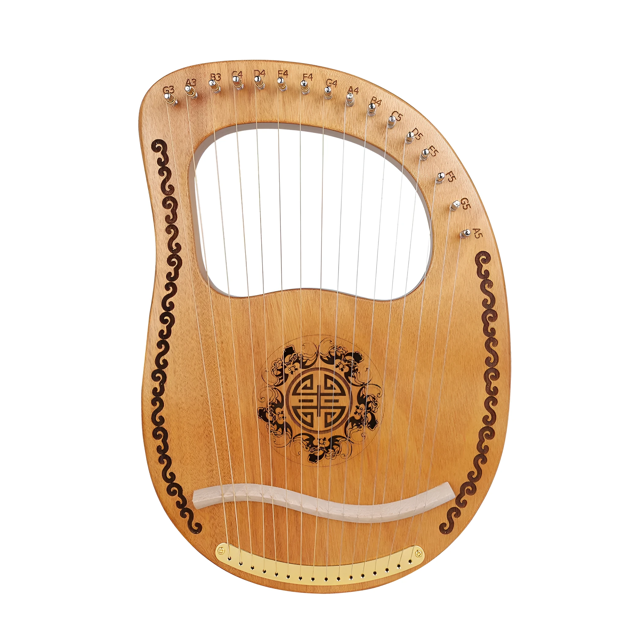 Small mahogany harp in original wood colour, 37 cm wide, with strings and tuning wrench