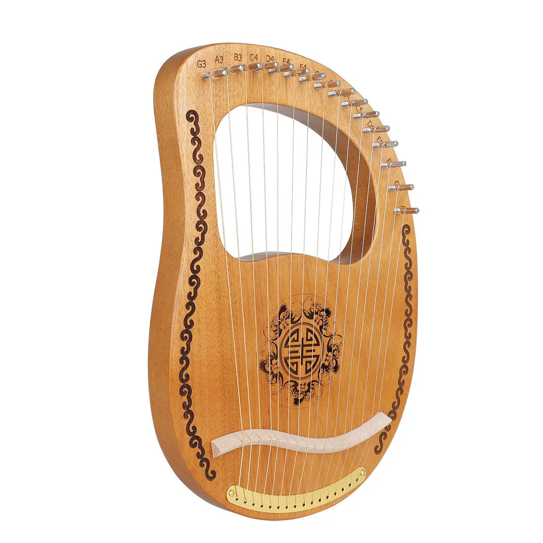 Small mahogany harp in original wood colour, 37 cm wide, with strings and tuning wrench
