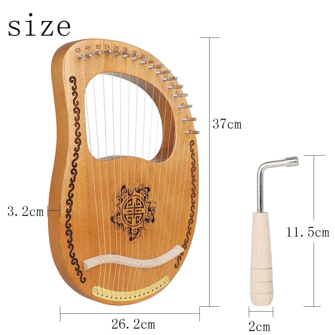 Small mahogany harp in original wood colour, 37 cm wide, with strings and tuning wrench