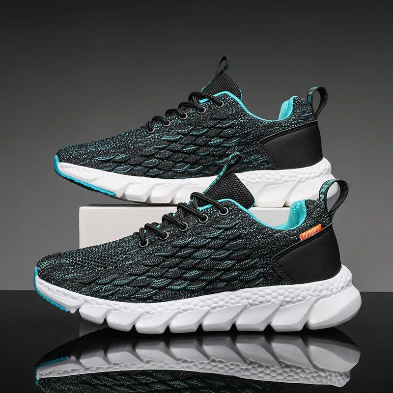 Men's flying knit sports shoes in black with breathable mesh upper and EVA PU sole