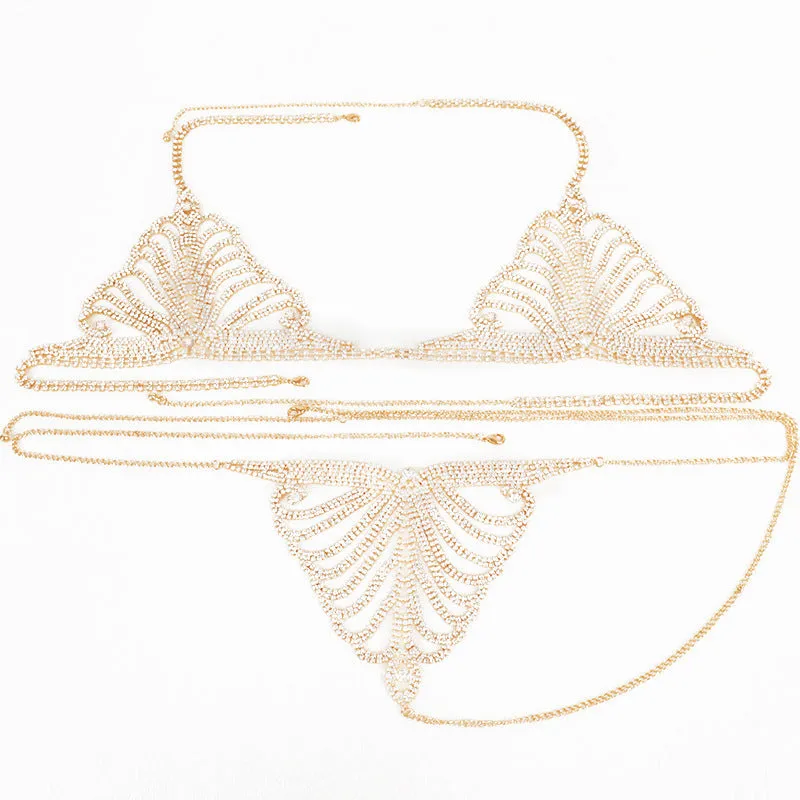 Women's gold and silver metallic body chain bra and panties set for parties and festivals