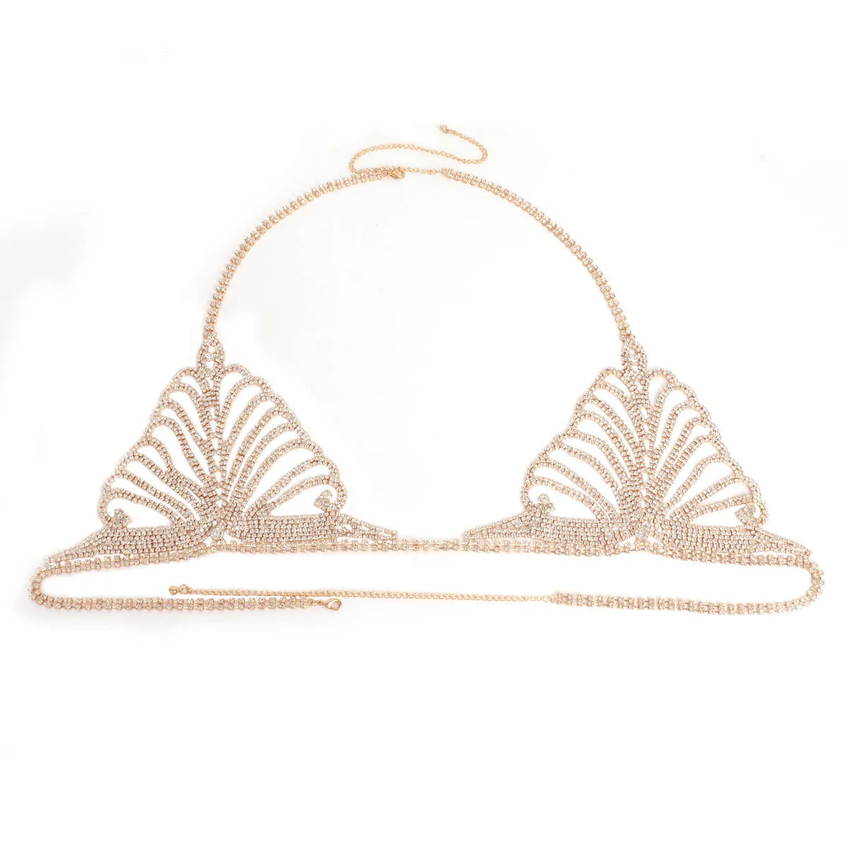 Women's gold and silver metallic body chain bra and panties set for parties and festivals