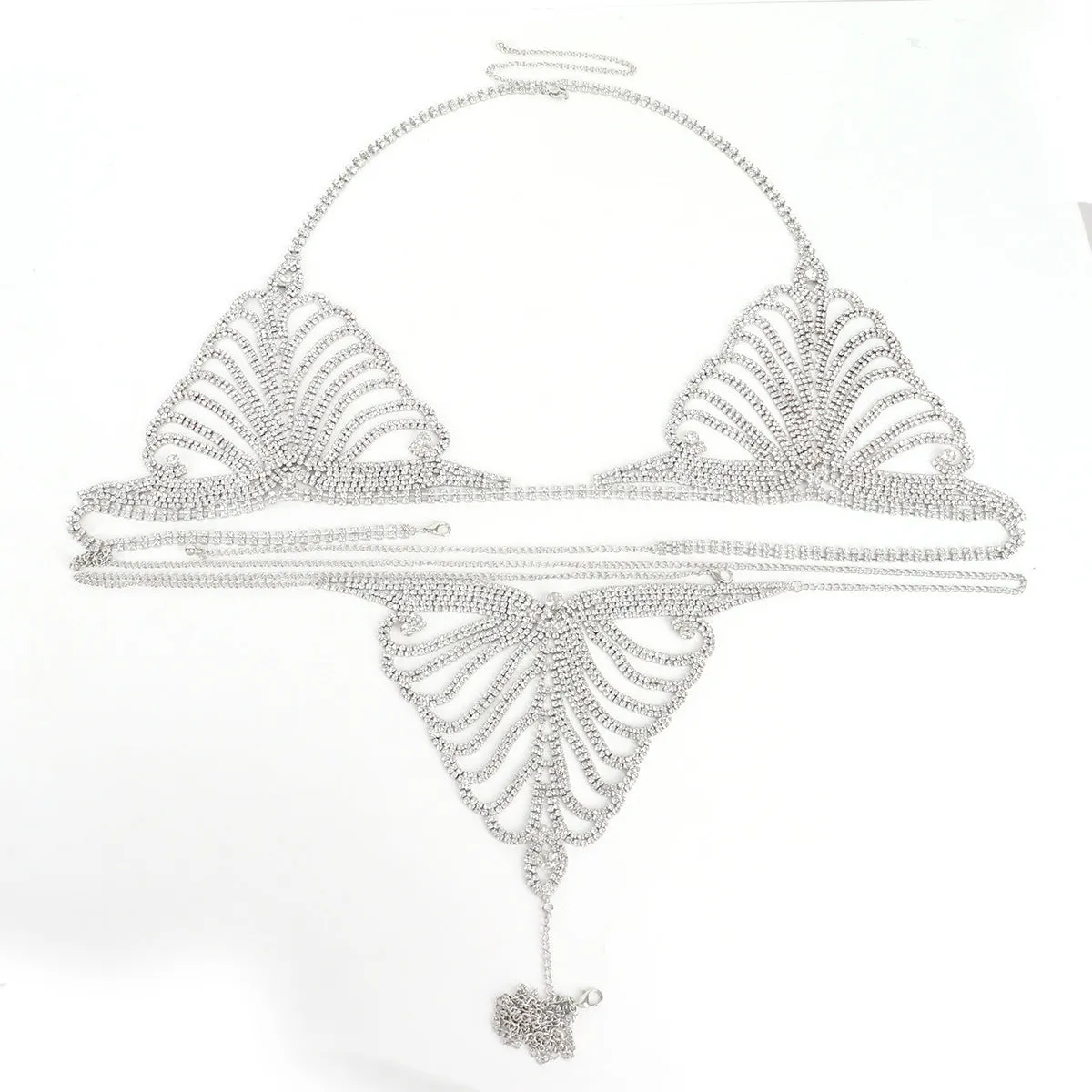 Women's gold and silver metallic body chain bra and panties set for parties and festivals