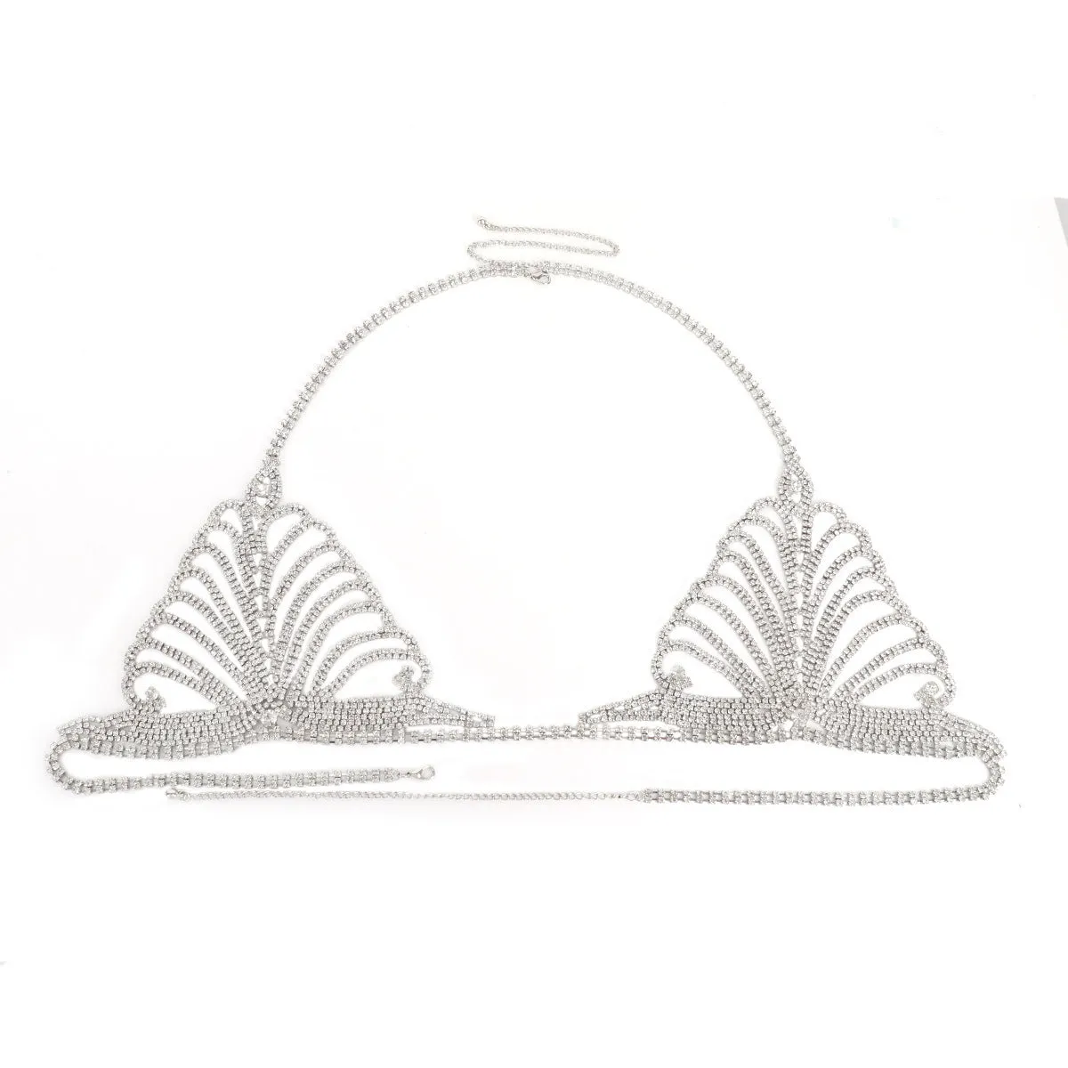 Women's gold and silver metallic body chain bra and panties set for parties and festivals