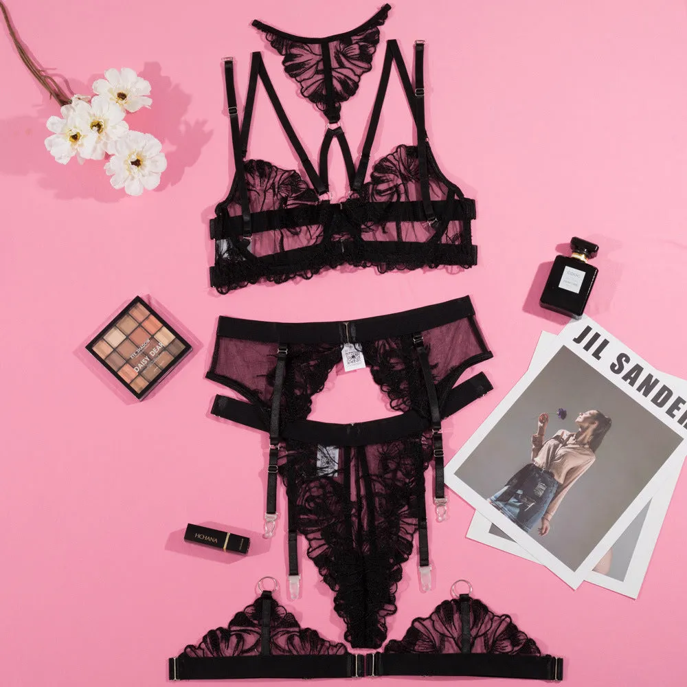 Black women's embroidery stitching mesh bra bikini set with three-point style design