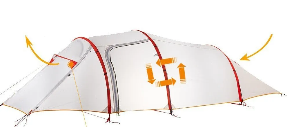 3 person lightweight tunnel tent with aluminum alloy poles and nylon outer in cloud cover colour