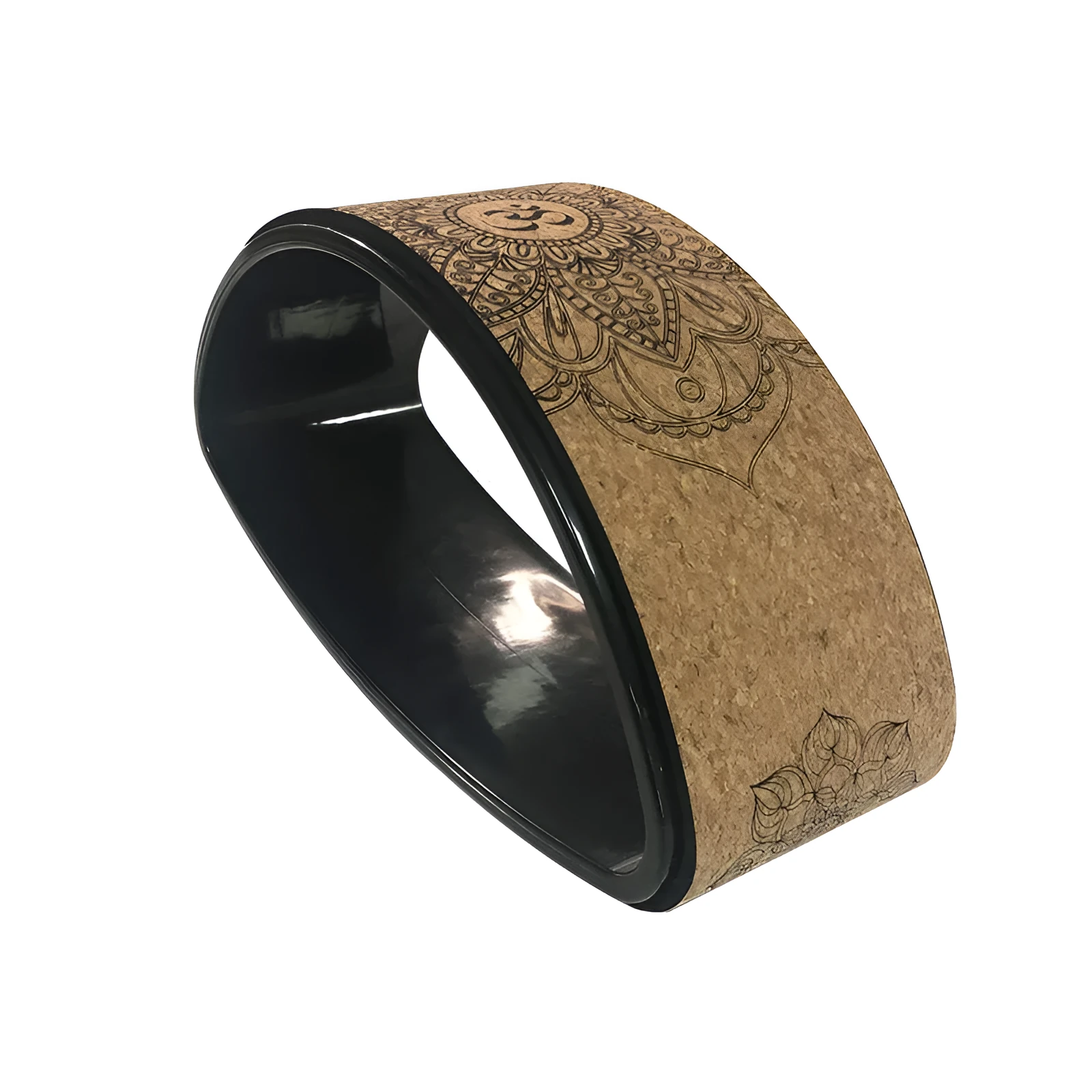 Cork yoga half wheel half-round backbend artifact in wood grain finish on floor