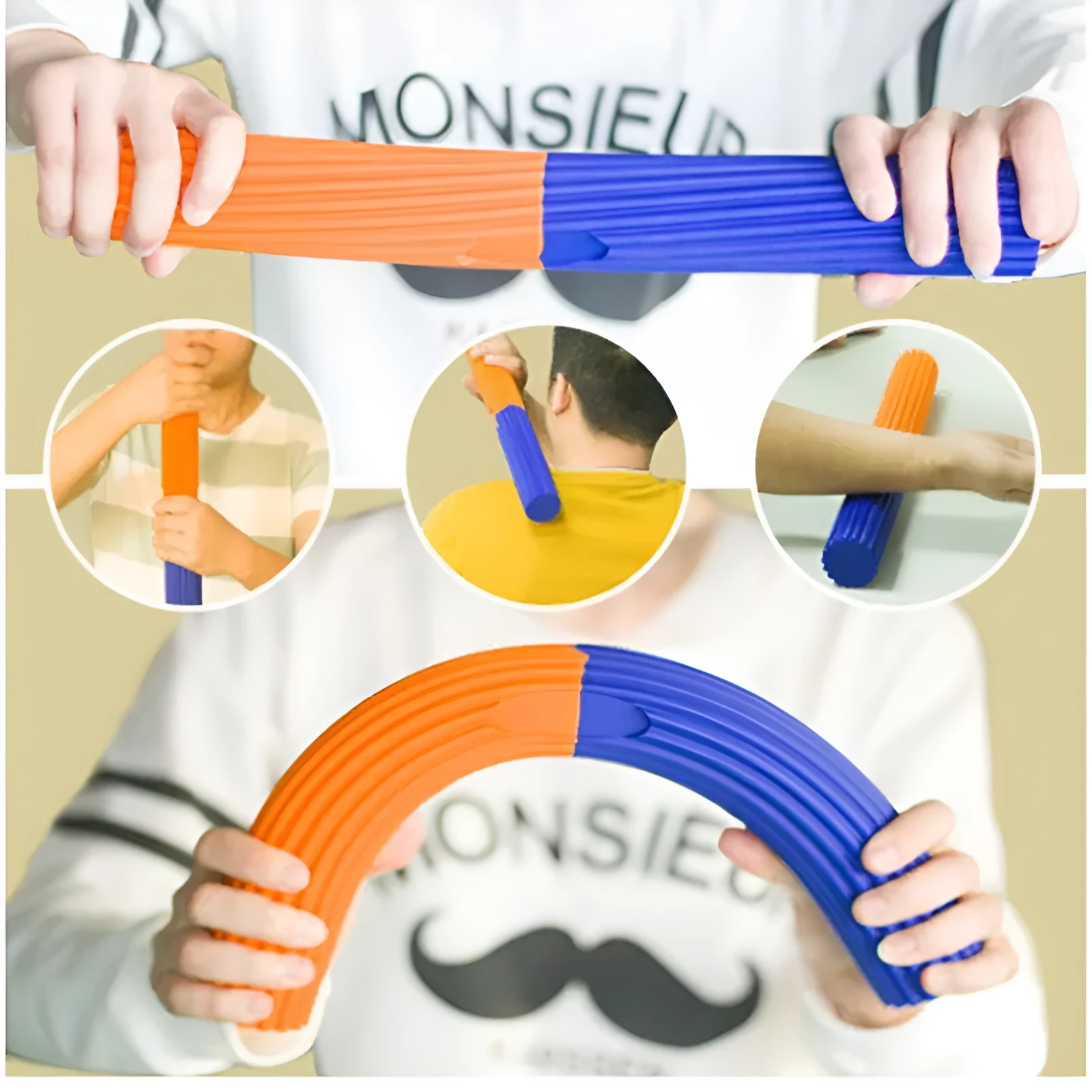 Flexible silicone resistance training bar in pink and blue for grip strength and elbow rehabilitation