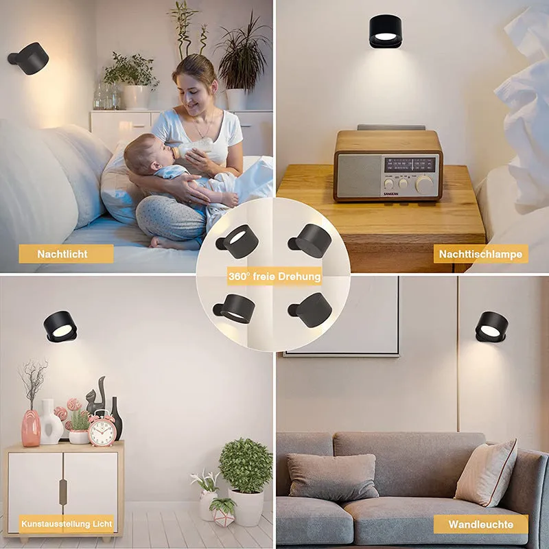 USB rechargeable wall lamp LED, 7.5cm diameter, 4.5cm height, ABS plastic, black finish