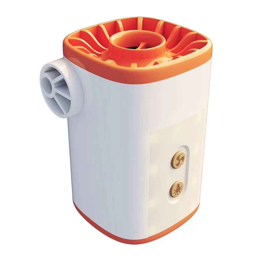 Outdoor camping portable mini motor pump in Khaki White USB with nozzles and lanyard on a blue background