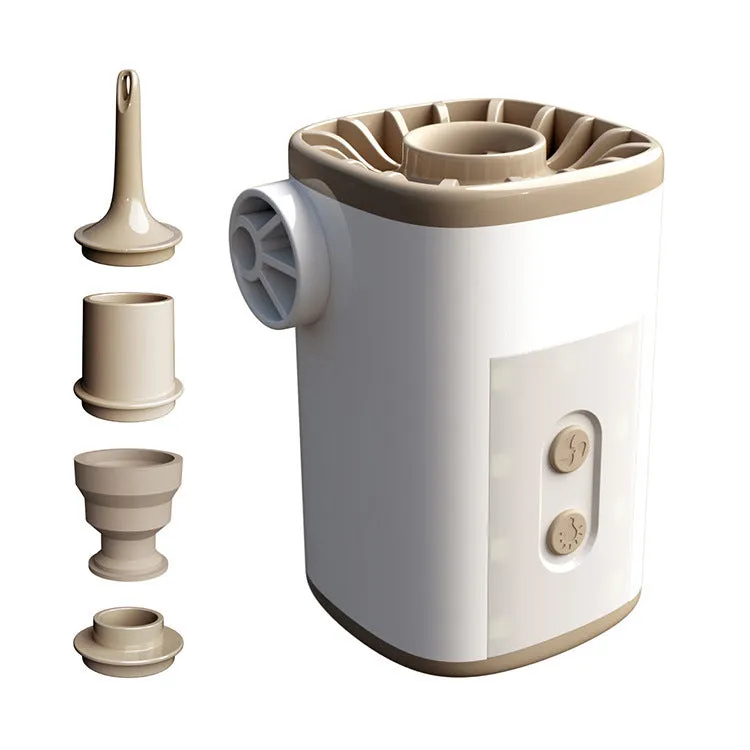 Outdoor camping portable mini motor pump in Khaki White USB with nozzles and lanyard on a blue background