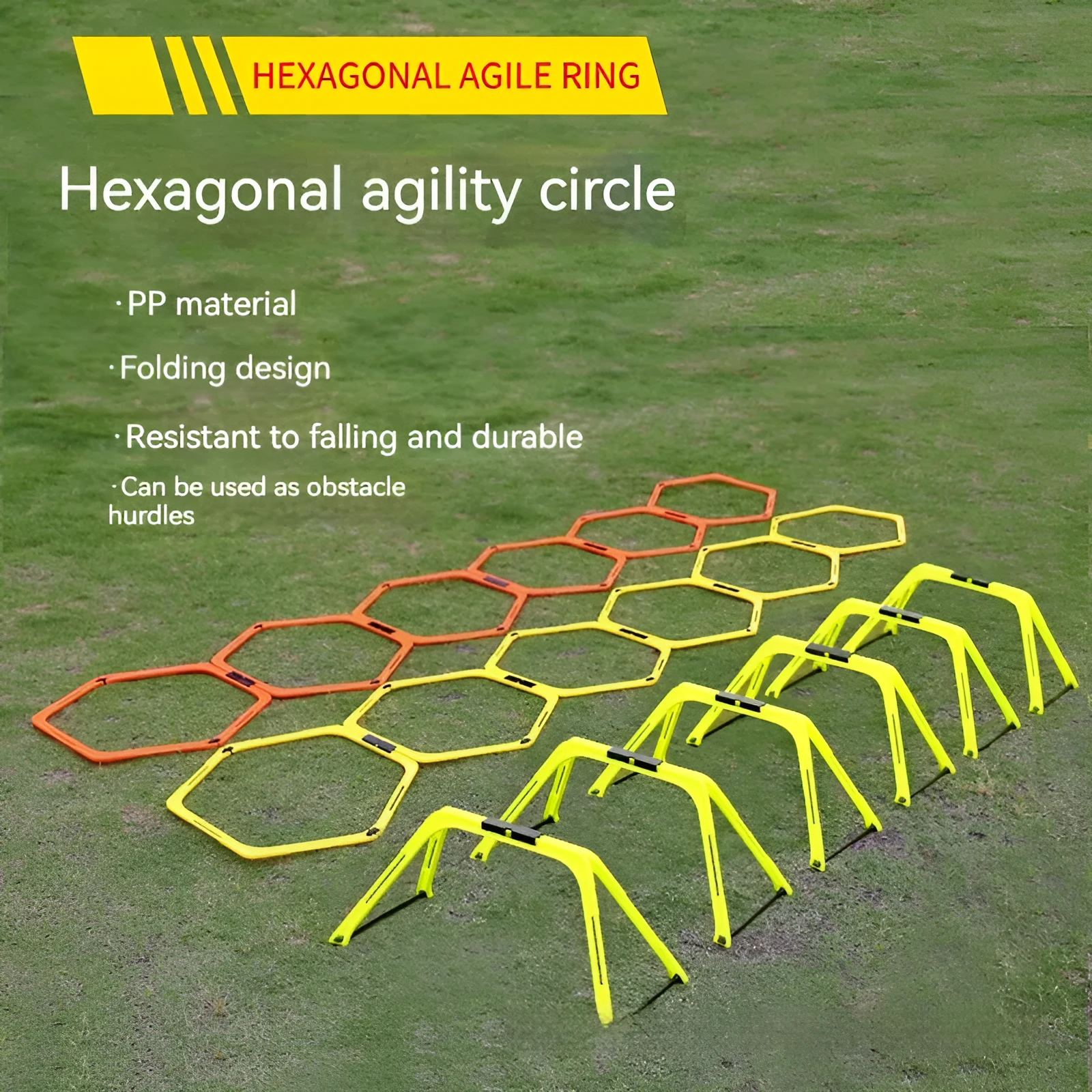 Set of six foldable yellow, green, and orange hexagon agility training rings on grass.