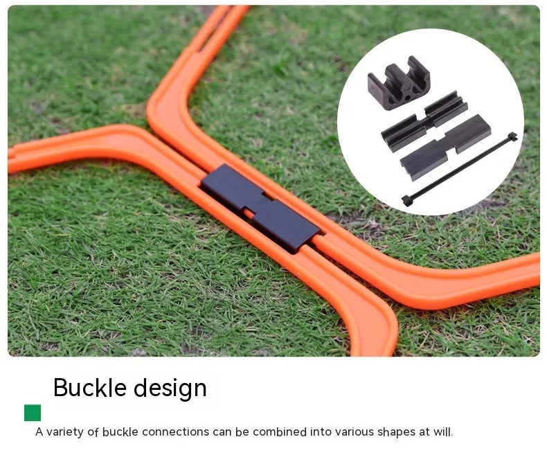 Set of six foldable yellow, green, and orange hexagon agility training rings on grass.