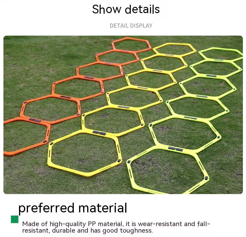 Set of six foldable yellow, green, and orange hexagon agility training rings on grass.