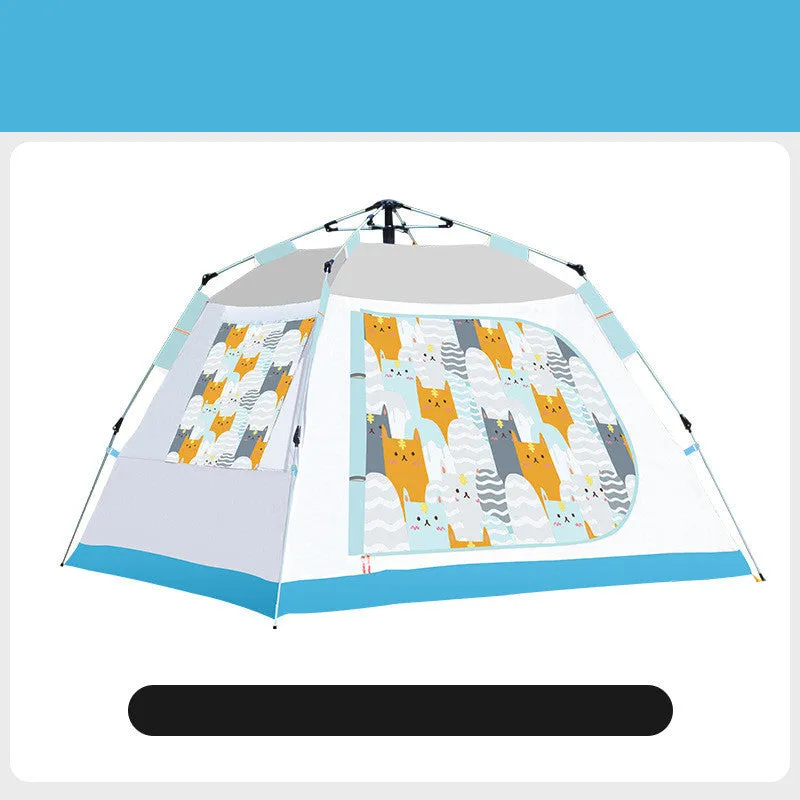 Portable children's camping folding tent in printed Orange Cat Xiaobao design, set up outdoors