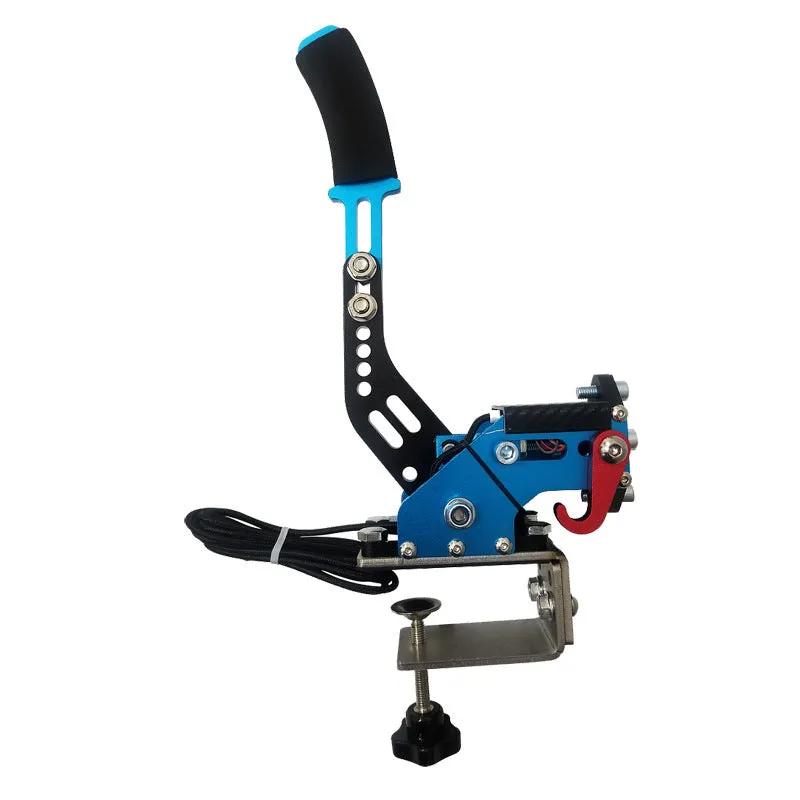 USB sequential handbrake controller for sim racing in black, blue, purple, red, or yellow with mounting clamp.