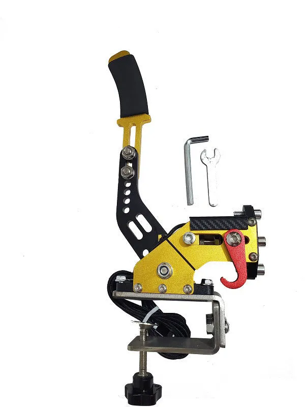 USB sequential handbrake controller for sim racing in black, blue, purple, red, or yellow with mounting clamp.