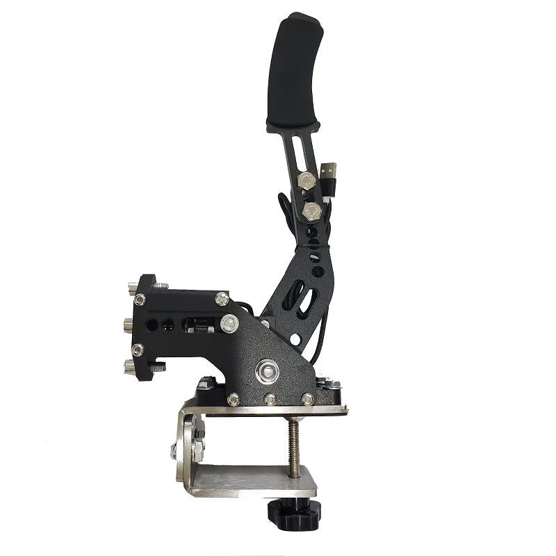 USB sequential handbrake controller for sim racing in black, blue, purple, red, or yellow with mounting clamp.