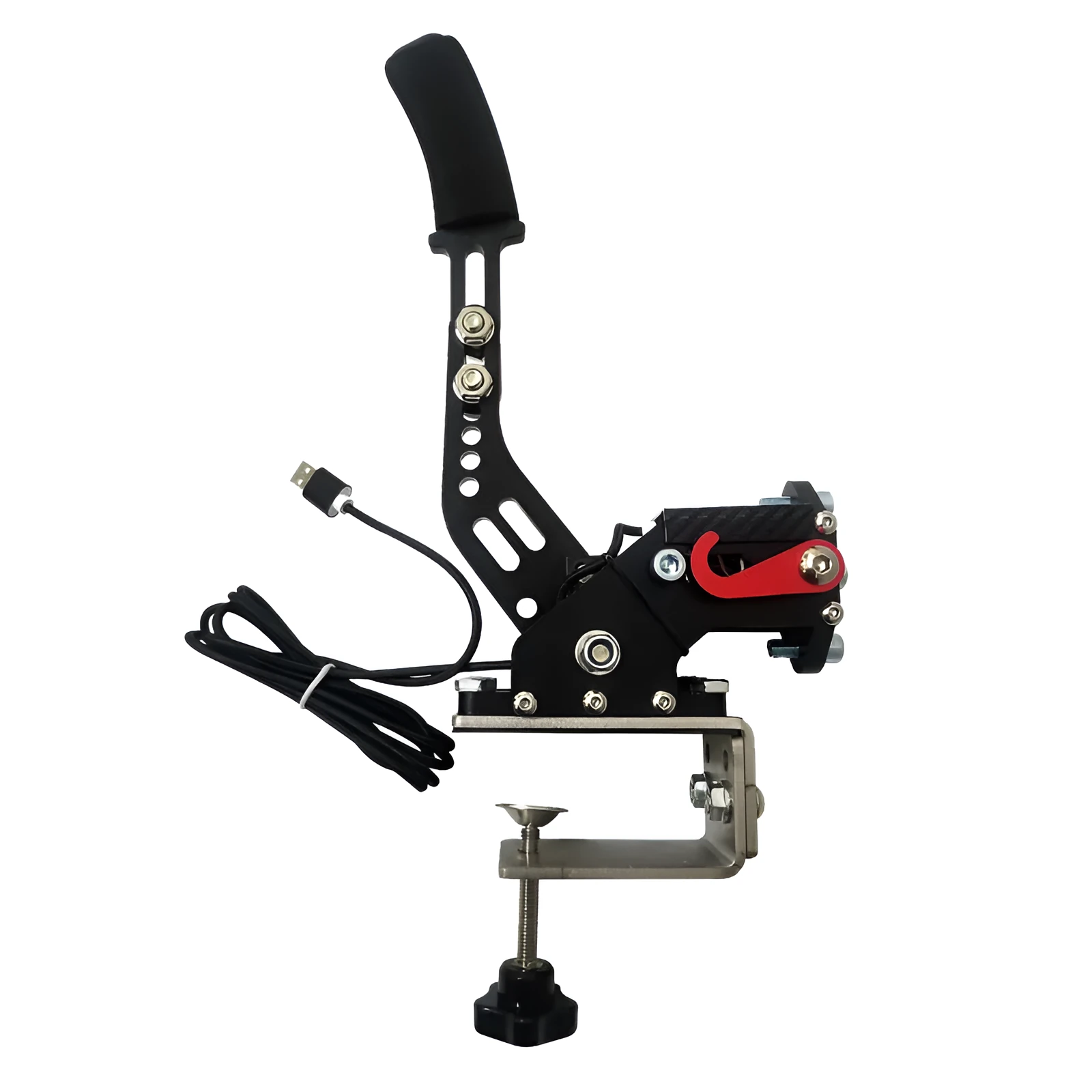 USB sequential handbrake controller for sim racing in black, blue, purple, red, or yellow with mounting clamp.