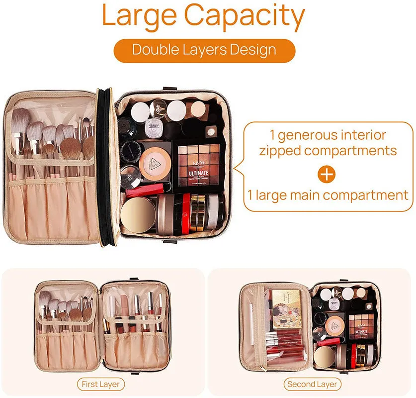 Black double-layer waterproof polyester cosmetic storage bag with carry handle, 27x20x21cm, open to show separated compartments