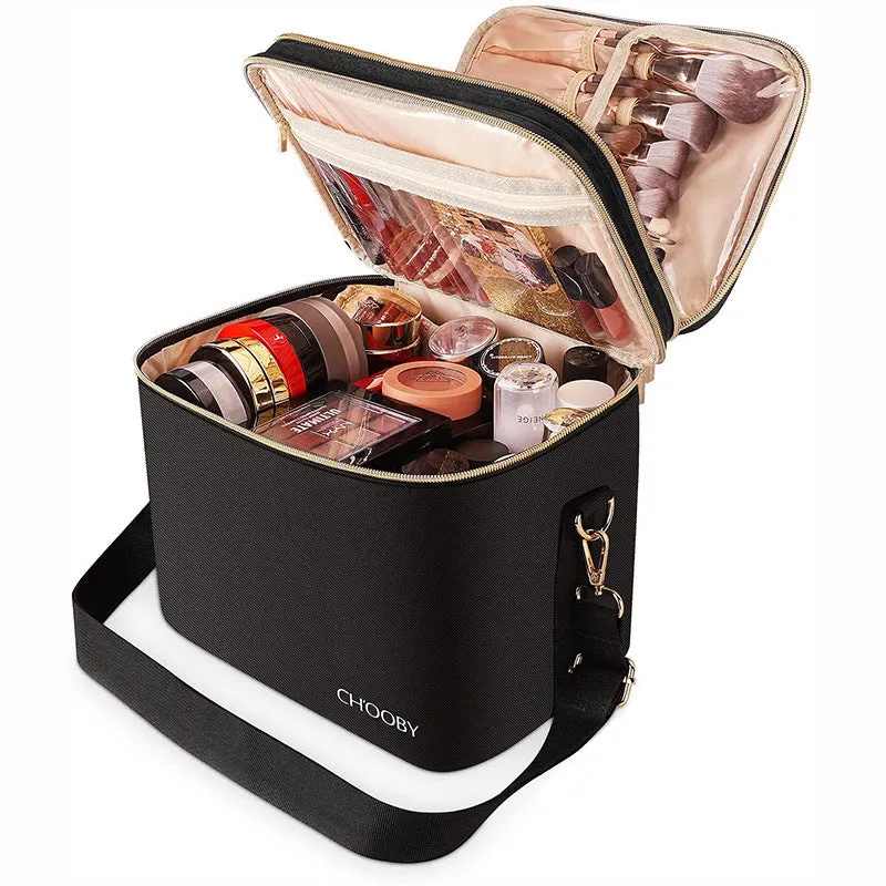 Black double-layer waterproof polyester cosmetic storage bag with carry handle, 27x20x21cm, open to show separated compartments