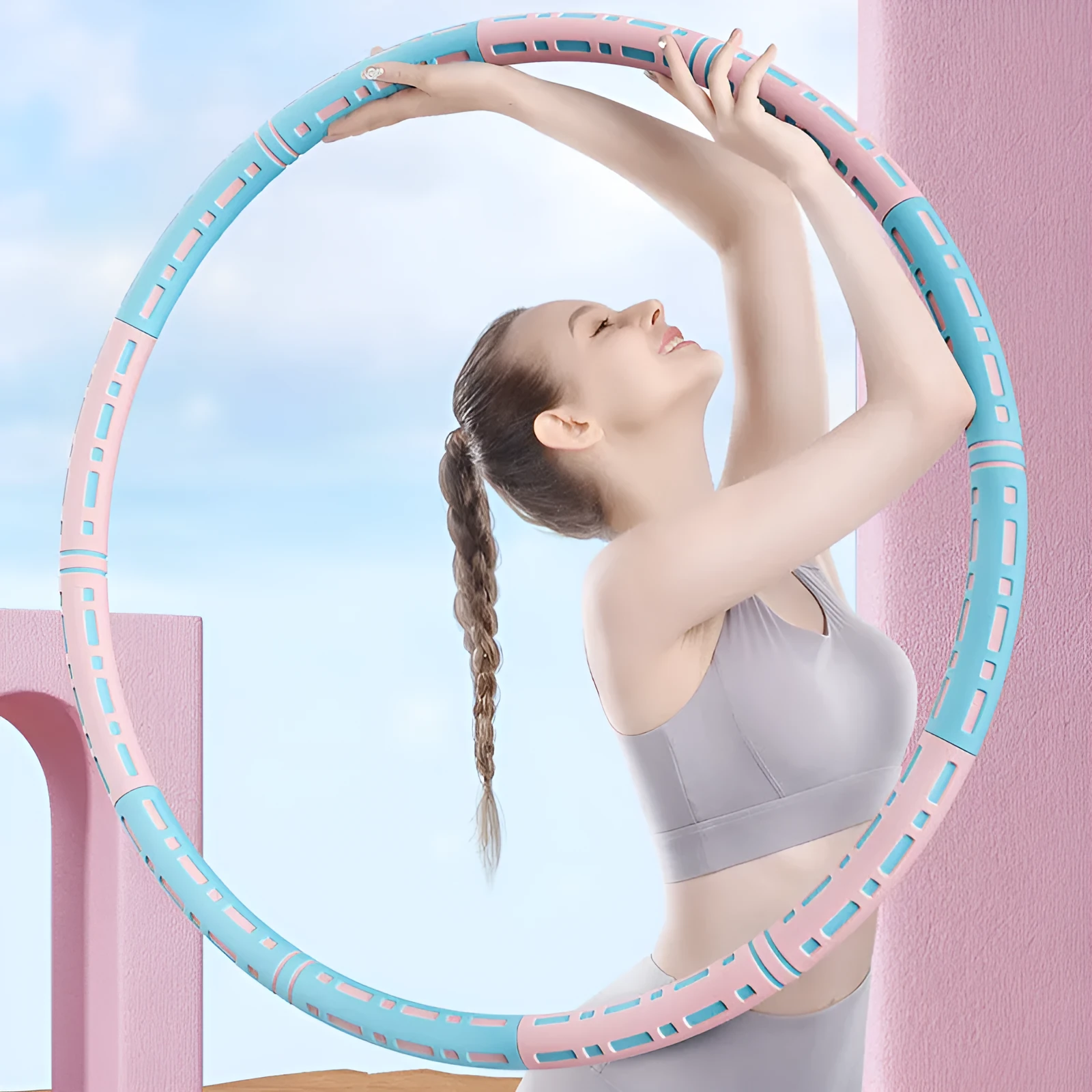 Weight loss hula hoop for belly waist fat reduction, blue and white, 90 cm diameter, removable 6 sections
