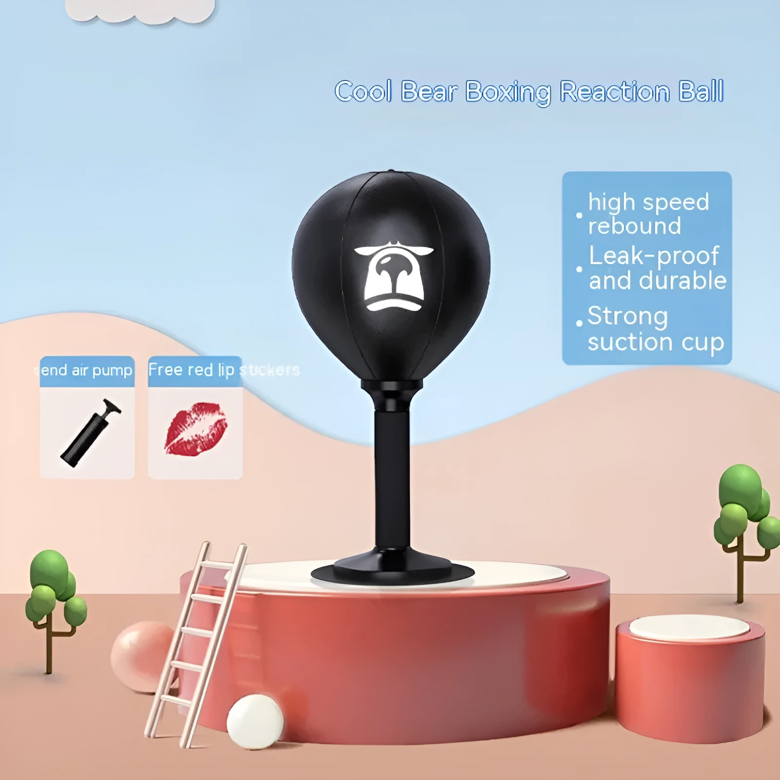Boxing desktop speed ball in vertical stand with PU sphere, Cool Bear style, on a desk