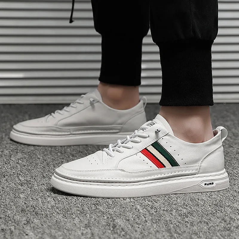 White leather casual lace-up shoes with inner increase, round toe, and rubber outsole in a summer style