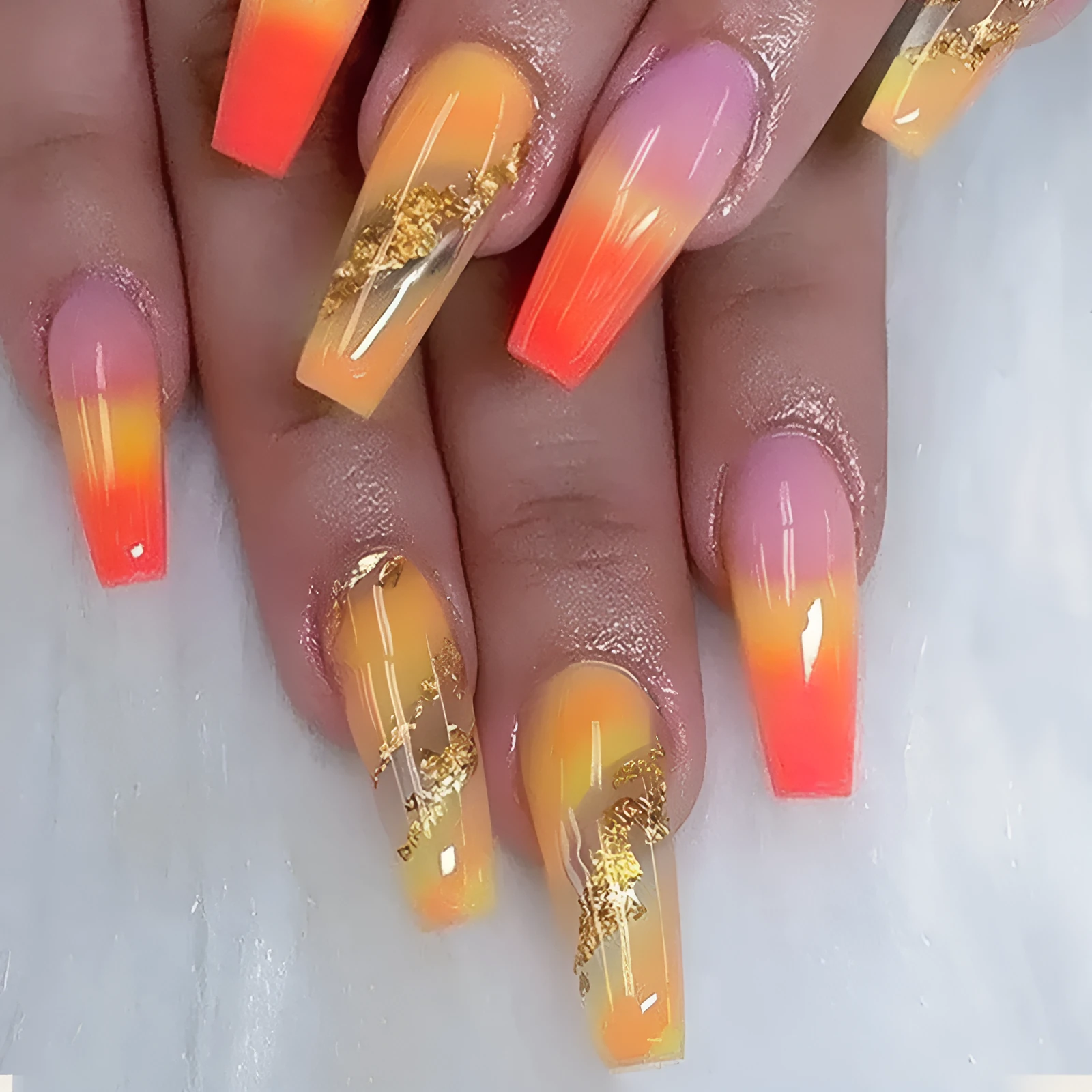 Rainbow gradient marble long pointed fake nails with glue, 24 pieces