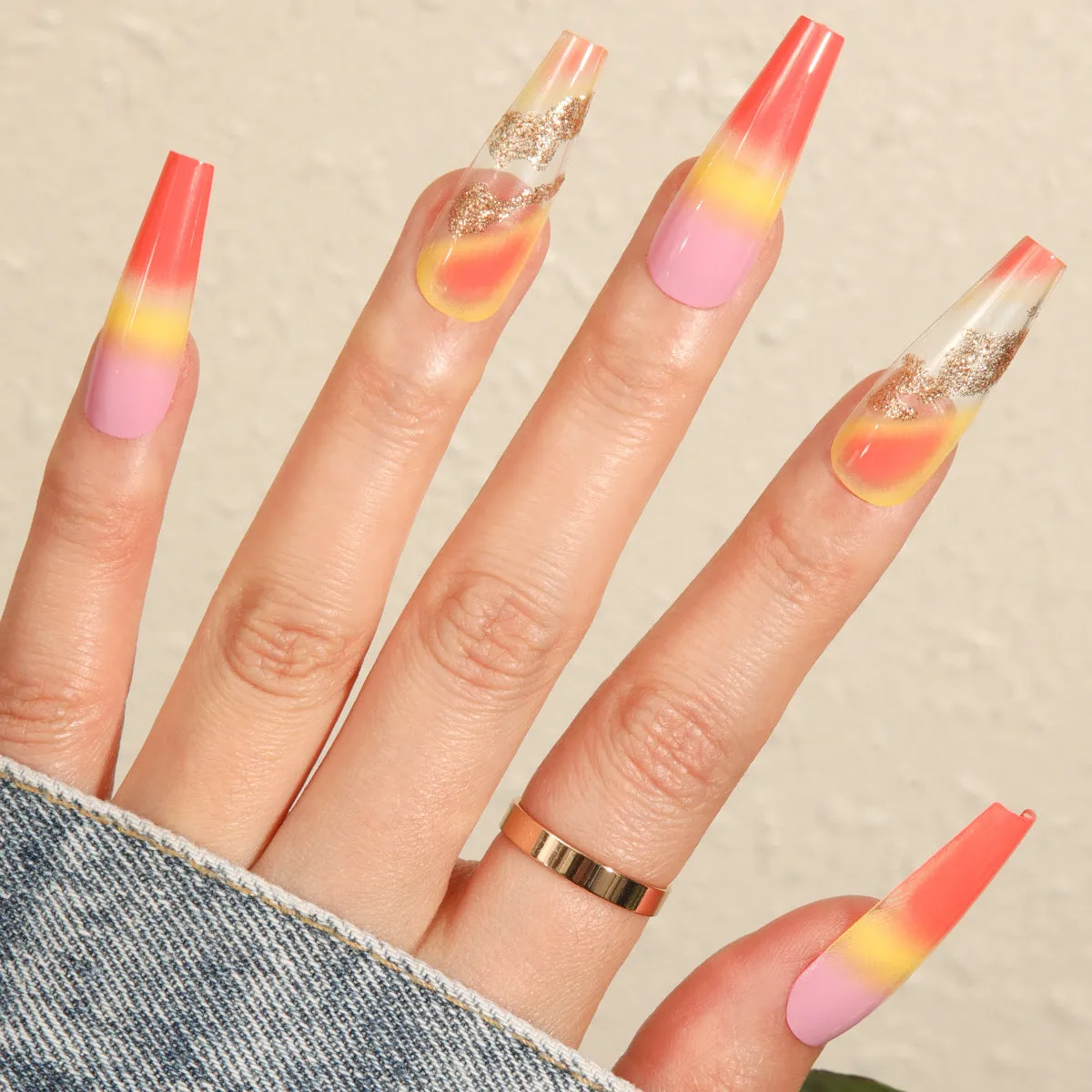 Rainbow gradient marble long pointed fake nails with glue, 24 pieces