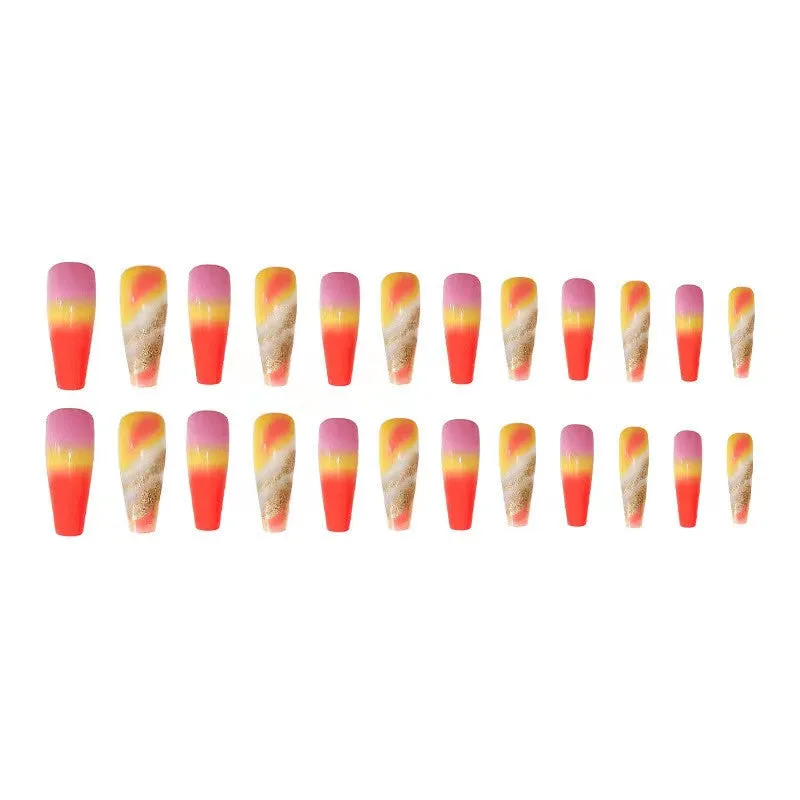 Rainbow gradient marble long pointed fake nails with glue, 24 pieces