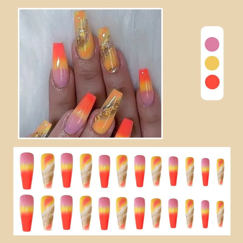 Rainbow gradient marble long pointed fake nails with glue, 24 pieces