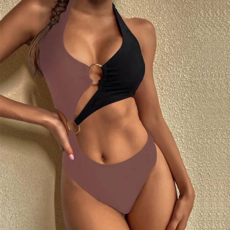 New women's conservative one piece high waist swimsuit in nylon, black colour, front view