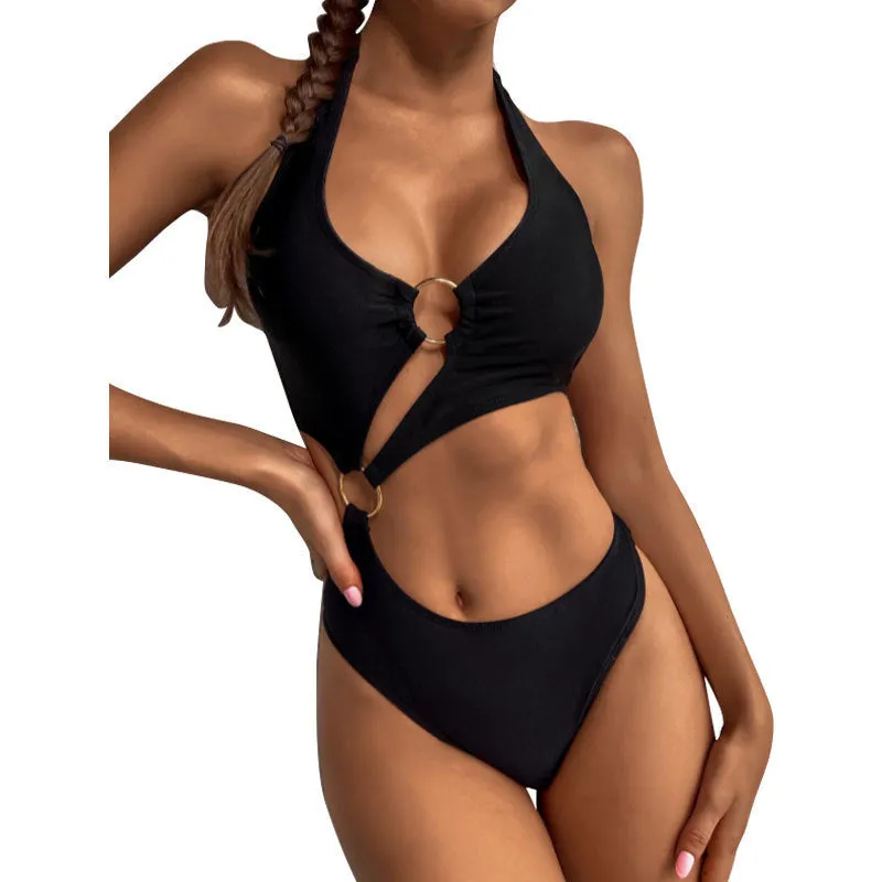New women's conservative one piece high waist swimsuit in nylon, black colour, front view