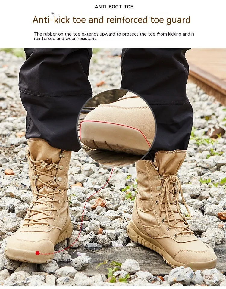 Yulong tactical desert combat boots in black and sand colours with reinforced toe for outdoor climbing