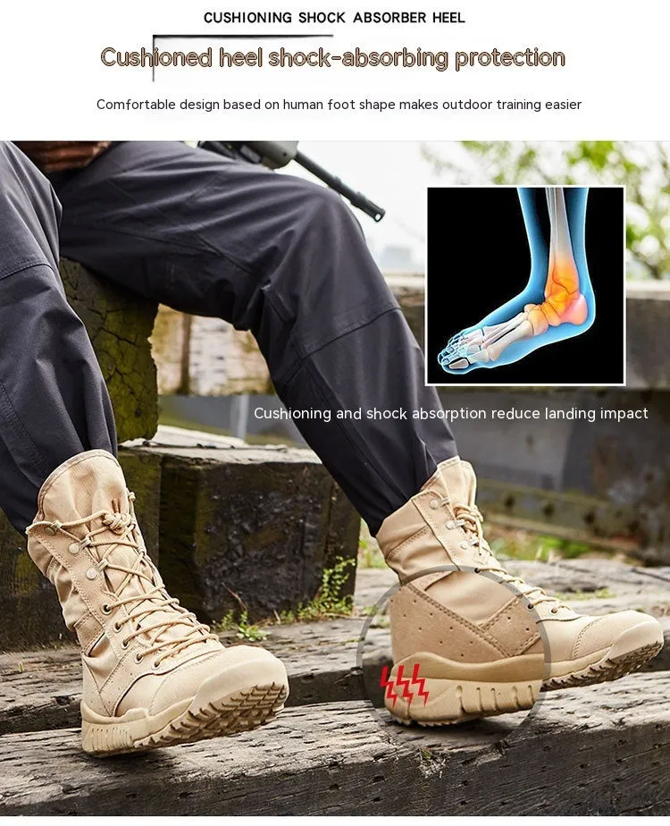 Yulong tactical desert combat boots in black and sand colours with reinforced toe for outdoor climbing