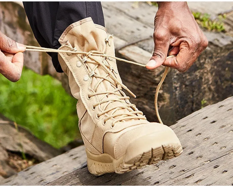 Yulong tactical desert combat boots in black and sand colours with reinforced toe for outdoor climbing