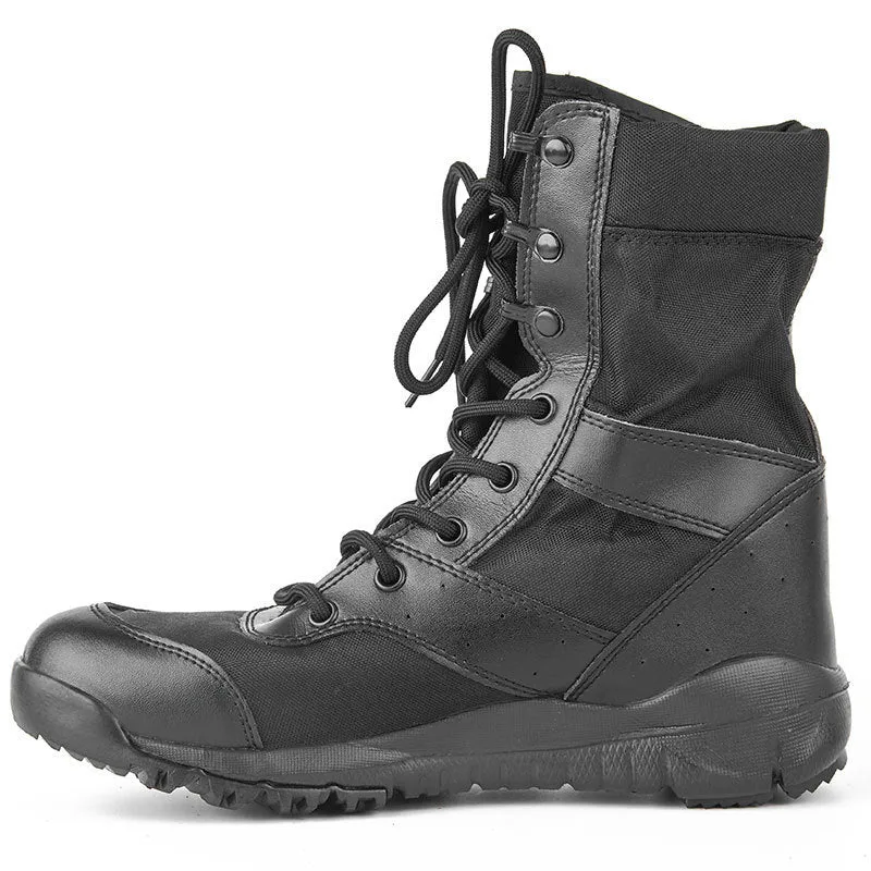Yulong tactical desert combat boots in black and sand colours with reinforced toe for outdoor climbing