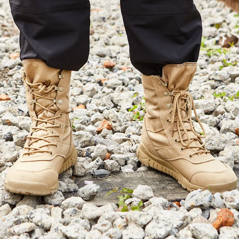Yulong tactical desert combat boots in black and sand colours with reinforced toe for outdoor climbing