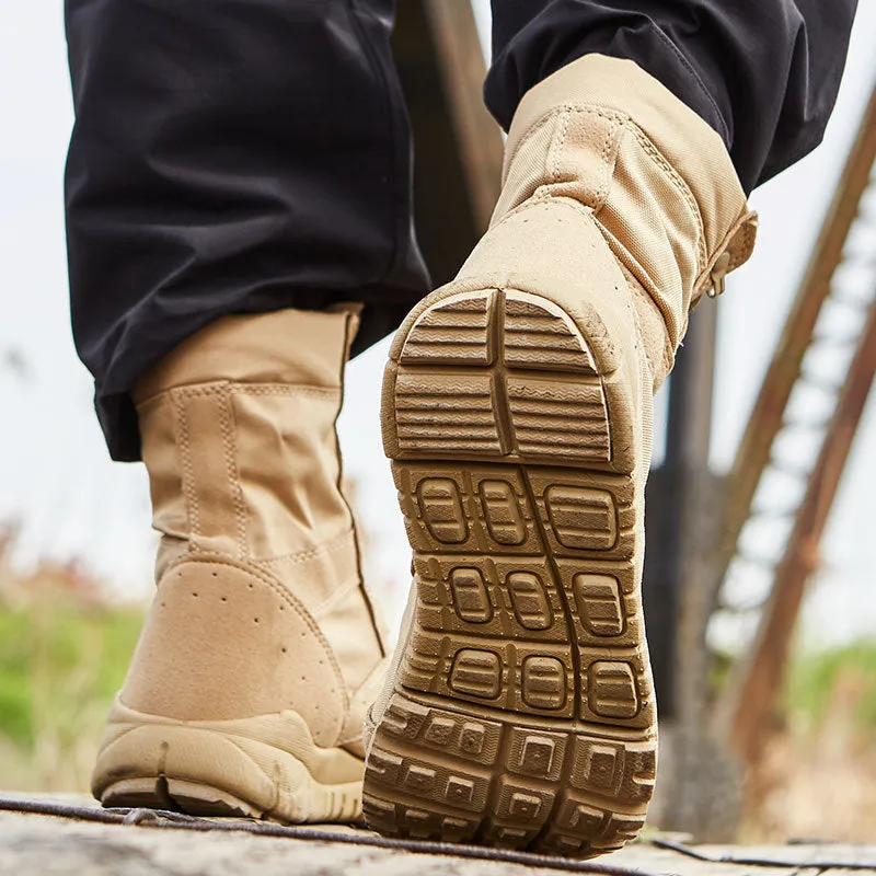 Yulong tactical desert combat boots in black and sand colours with reinforced toe for outdoor climbing