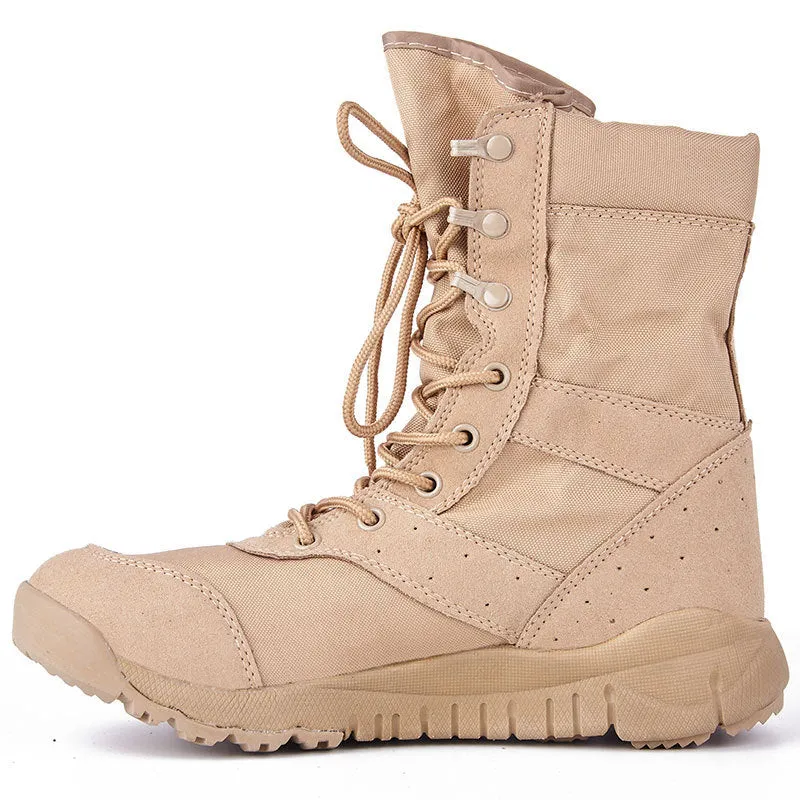 Yulong tactical desert combat boots in black and sand colours with reinforced toe for outdoor climbing